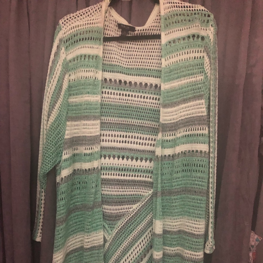 Grey, Sea-foam green, and white cardigan.